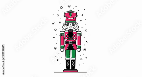 A stylized, flat illustration of a nutcracker figure in pink and green with snowflakes