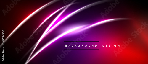 Abstract neon lines create dynamic background. Vibrant purple blends into deep red, contrasting black space. Modern design element.