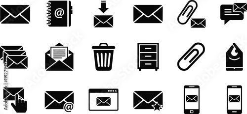 Email communication icons set for professional contact, digital messaging, mail correspondence, inbox management, newsletter marketing, business address book, and online support.