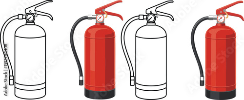 Fire Extinguisher Vector Illustration Set Outline and Realistic Red Safety Equipment