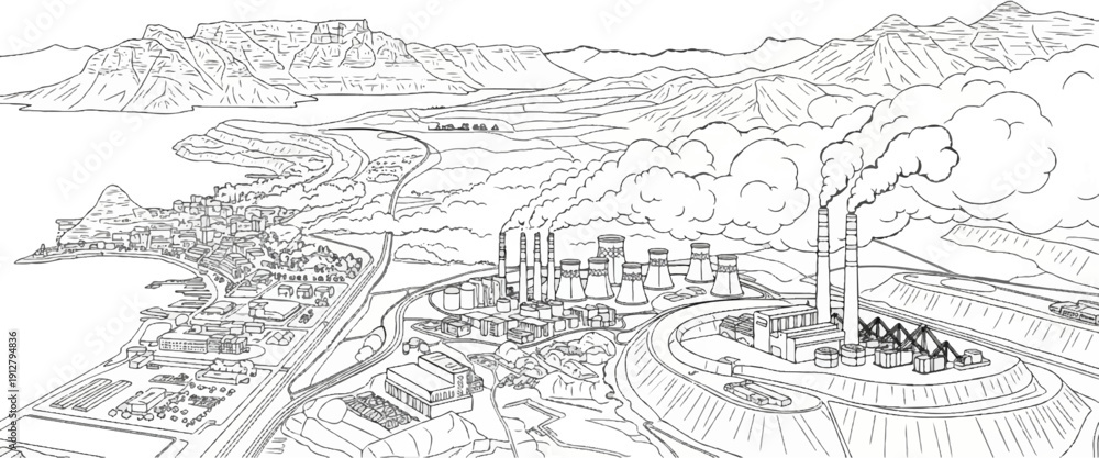 Fototapeta premium An industrial landscape with a city, a power plant, and mountains