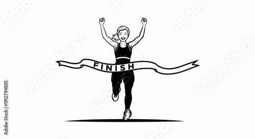 Athletic woman crosses finish line with arms raised in victory, black and white