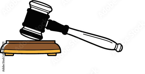 A stylized illustration of a black and white gavel resting on a brown sounding block