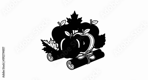 Autumn harvest of apples, leaves, and cinnamon sticks