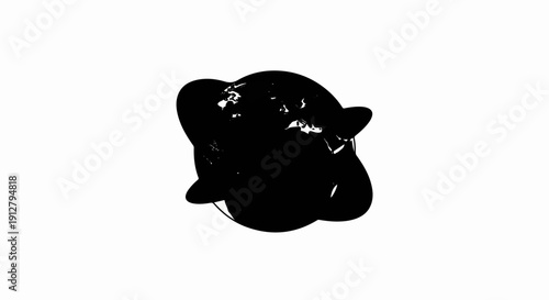 A stark black ink blot graphic with a textured, abstract, organic form