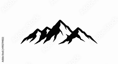 A stark black silhouette of jagged mountain peaks against a white background