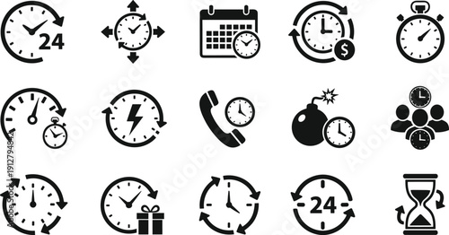 Time management icons set for deadline scheduling, productivity tracking, 24 hour service, stopwatch timing, calendar appointments, urgent tasks, and business efficiency.