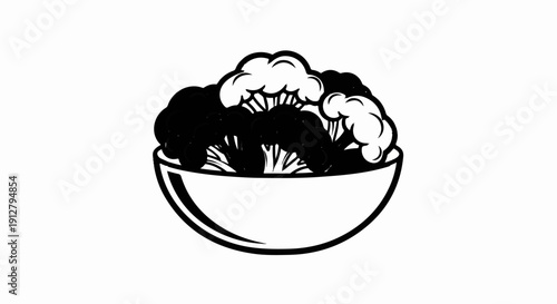 A stylized illustration of a bowl filled with broccoli florets in black and white