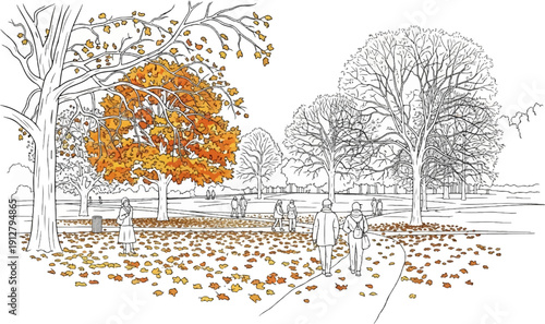 Autumn park scene with colorful foliage and people walking