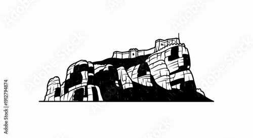 A stark, graphic illustration of a fortified structure atop a rocky mountain