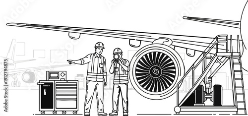 Aviation mechanics inspect a jet engine, pointing at its components, with tools nearby