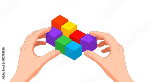 Hands Assembling Colorful Isometric Cubes. Business Structure, Teamwork, Strategy, and Step-by-Step Development Illustration.