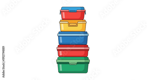 Stacked Colorful Plastic Food Containers and Lunch Boxes. Vector Illustration of Meal Prep Storage Boxes Isolated on White.