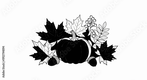 Autumnal arrangement featuring a pumpkin, maple leaves, acorns, and berries