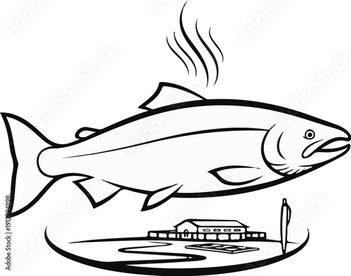 A stylized illustration of a cooked fish with steam rising above it