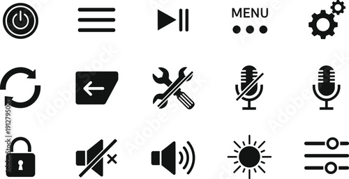 User interface icons set for media player controls, system settings, volume adjustment, microphone mute, power button, menu navigation, and technical support.