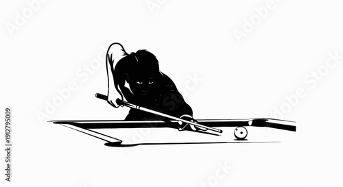 A stylized black and white illustration of a person playing pool