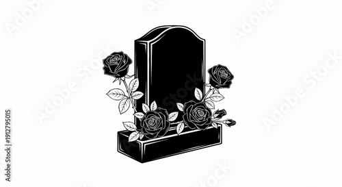 A stark gravestone adorned with dark roses and leaves against a white background