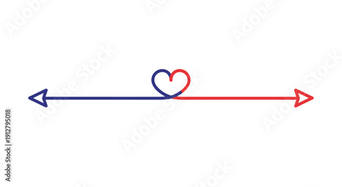 Heart Connection Line Art. Two Opposing Arrows (Red and Blue) Forming a Love Symbol. Relationship and Direction Concept.
