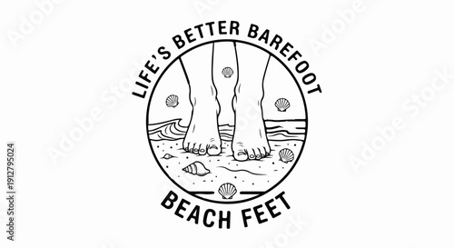 Bare feet on sandy beach with shells and waves, circular emblem