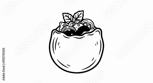 A stylized illustration of a filled pita pocket with fresh ingredients and green herbs
