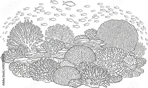 An intricate black and white illustration of a vibrant coral reef teeming with schools of fish