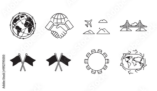 Set of simple black and white global cooperation icons