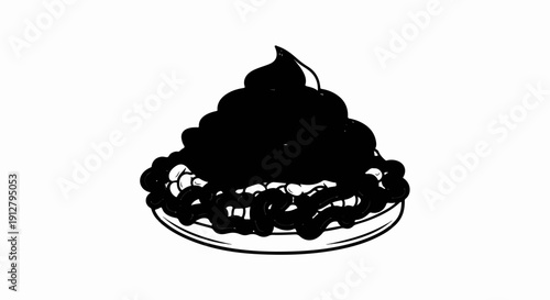 A stylized black and white illustration of a piled dessert with a swirl on top