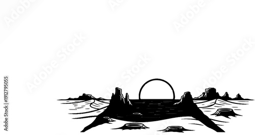 Barren landscape with sun arching over dark water and stumps