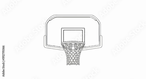 Basketball hoop with net and backboard, a graphic outline drawing