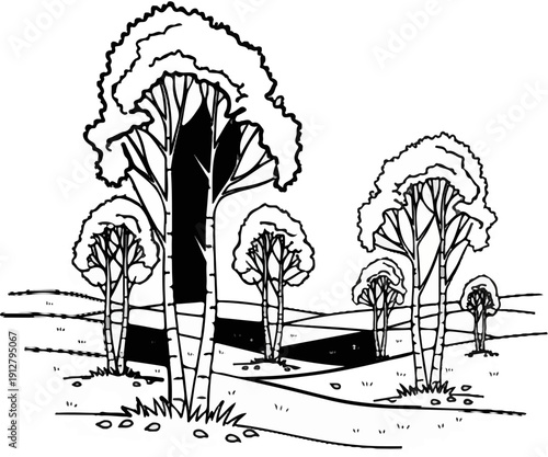 A stylized illustration of a grove of trees with a dark, shaded area