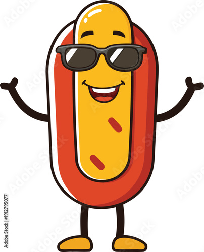 A cool hotdog cartoon mascot wearing sunglasses, with a stylish vibe, isolated on white, perfect for fun food branding and summer promotions.