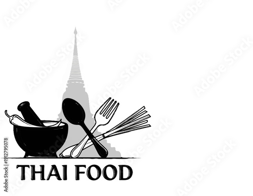A stylized representation of Thai cuisine ingredients and utensils