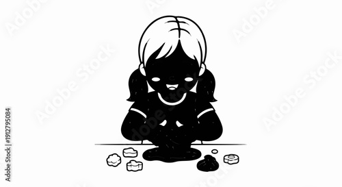 A stylized illustration of a happy child playing with black, viscous material