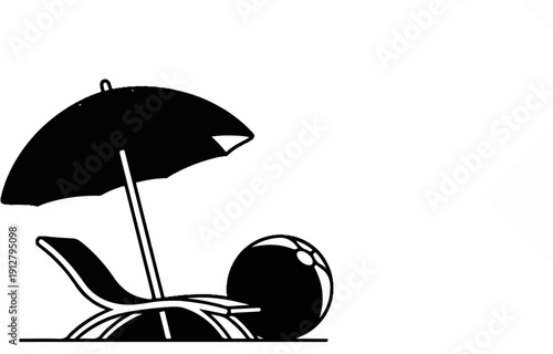 Beach chair under umbrella with ball