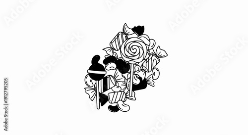 A variety of black and white candies, including lollipops and jelly beans