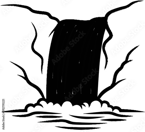 A stark, minimalist drawing of a dark waterfall cascading into white froth and mist