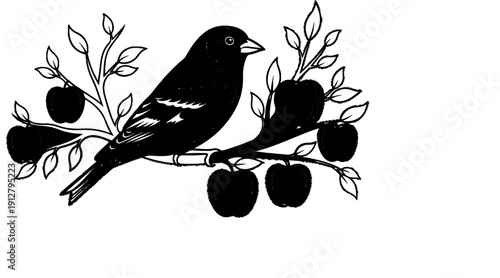 Bird perched on a branch with apples and leaves