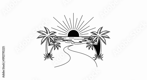 A stylized illustration of a sunset over a calm ocean, framed by palm trees