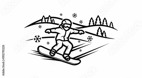 A stylized illustration of a snowboarder in action amidst snowflakes and trees