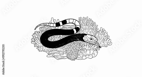 A stylized sea serpent with banded tail coils around vibrant coral formations