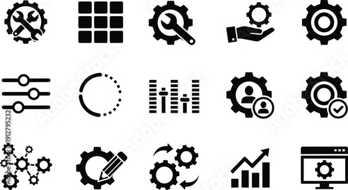System settings and configuration icons for software development, technical support, process optimization, workflow management, administrative controls, maintenance, and engineering services.
