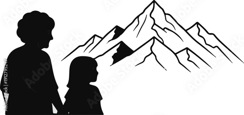 A stylized silhouette of a woman and child gaze at majestic, jagged mountains
