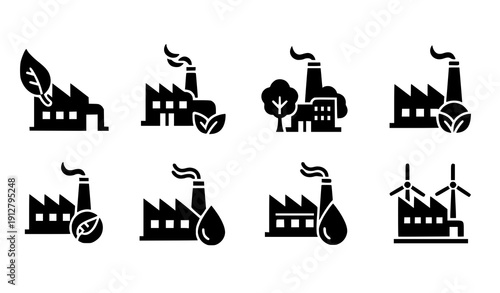 Eco factory glyph icon set vector sustainable industry symbols isolated on transparent background