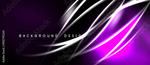 Abstract purple background features dynamic white streaks. Modern design evokes energy, movement, sleekness. Text reads background design.