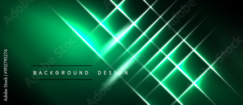 Dark green backdrop features bright neon lines forming geometric patterns. Modern design evokes energy, technology, futuristic aesthetic.