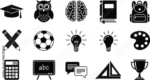 Education and School Icon Set Featuring Graduation Cap Owl Wisdom Brain Power Books Backpack Pencils Sports Science Arts Math and Achievement Symbols,