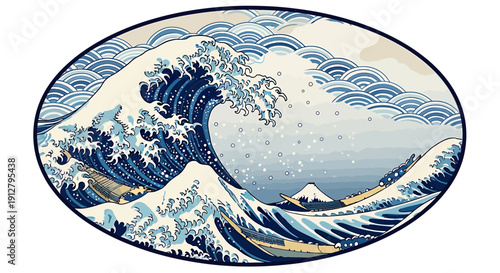 The Great Wave An Iconic Japanese Artwork Depicting a Powerful Ocean Swell with Mount Fuji in the Background