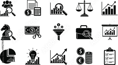 Business Analytics and Financial Management Icon Set Featuring Data Analysis Market Research Profit Growth Strategy Investment ROI Budgeting Planning and Statistics Symbols