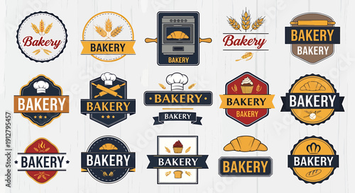 Collection of assorted bakery logos and emblems with baked goods and baking tools featured in a variety of designs